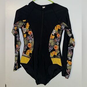 Long-Sleeve Black Floral Zip Front One-Piece Swimsuit